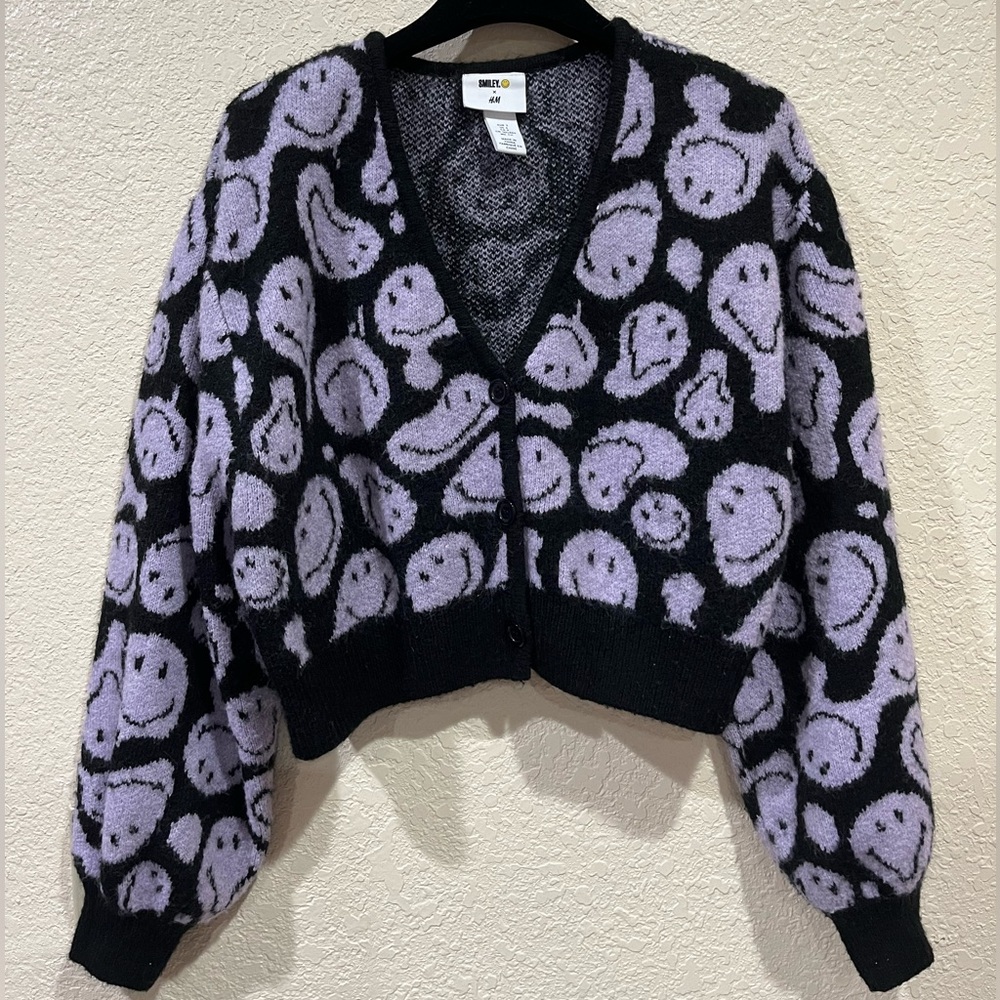 H&M purple & black happy face cardigan